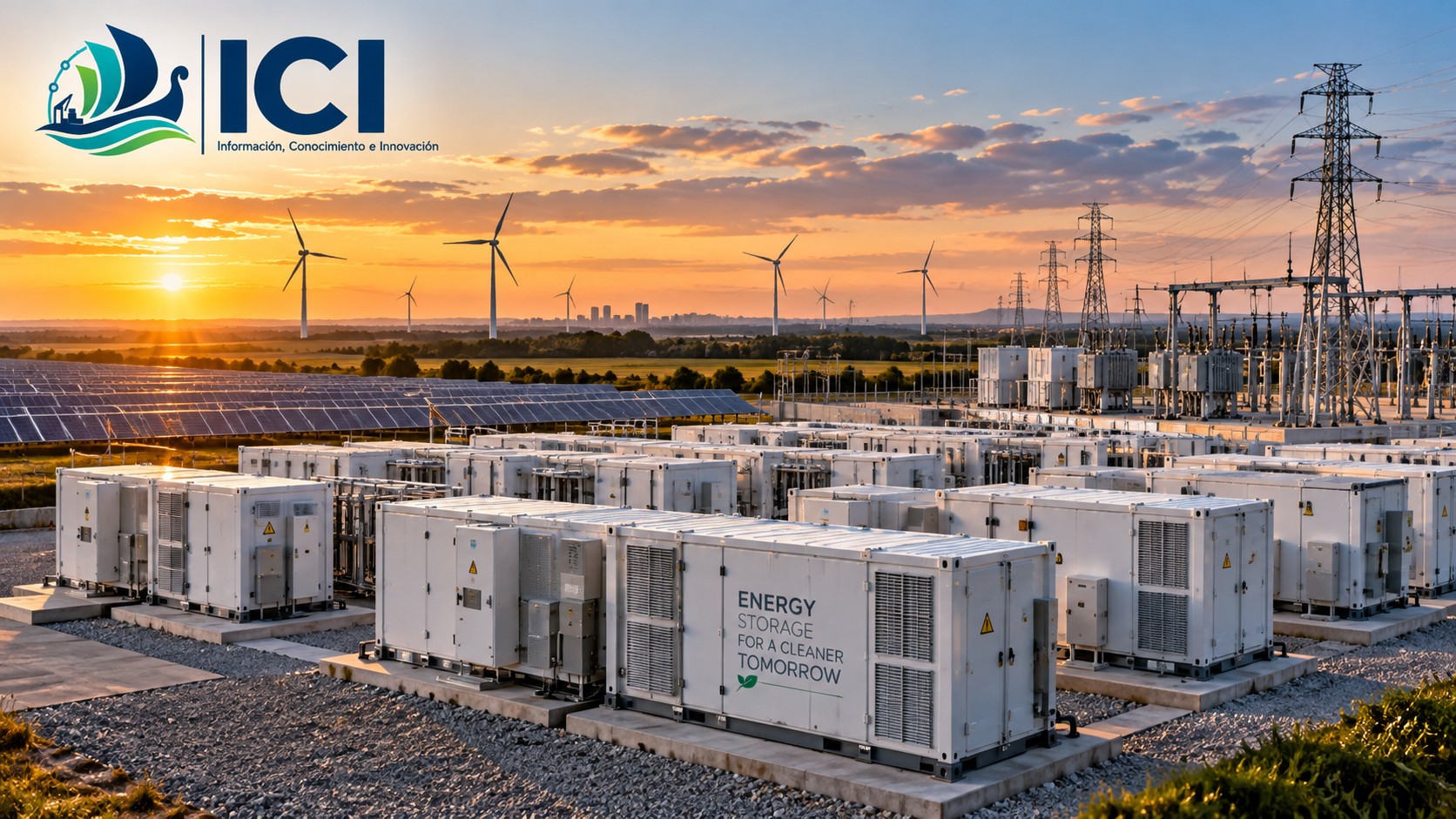 Imagen ilustrativa generada con IA de una instalación de almacenamiento eléctrico mediante baterías a gran escala, integrada con infraestructura de transmisión y generación renovable. No representa ninguno de los diez proyectos específicos de Jupiter Power ni constituye un render oficial de la compañía. Imagen de ICI Forestal generada con IA.