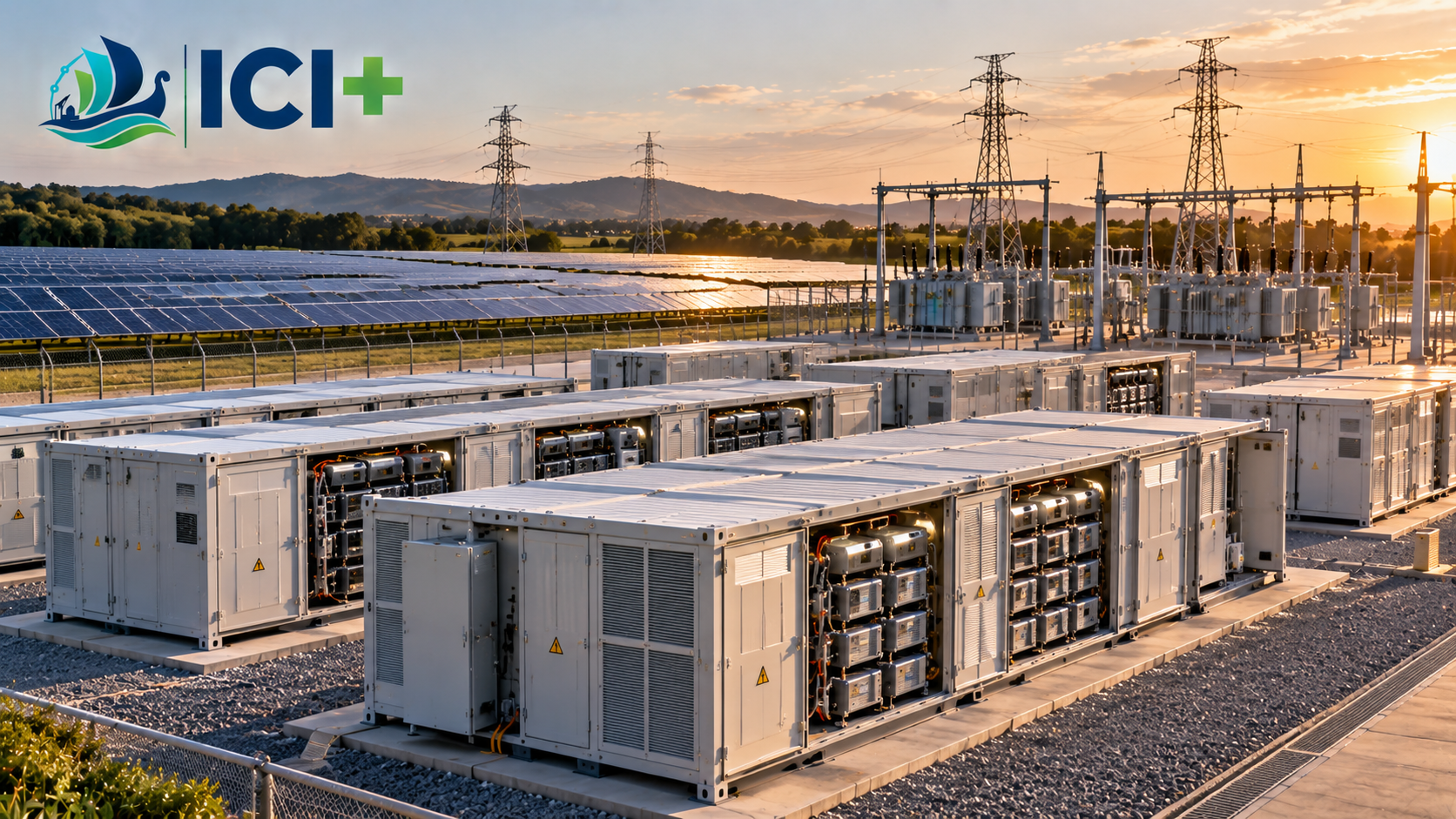 Imagen que representa sistemas estacionarios de almacenamiento con baterías integrados a generación solar y a la red eléctrica. No corresponde a una instalación real de EnerVenue. Imagen propia de ICI+ generada por IA.