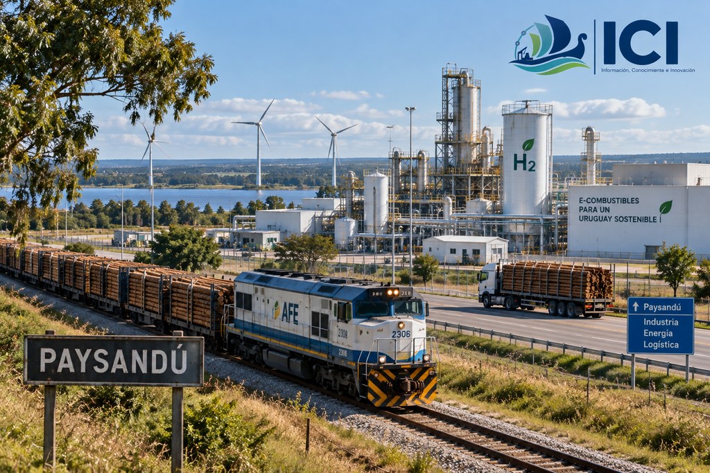 Imagen ilustrativa sobre un posible complejo de e-combustibles integrado con generación renovable e infraestructura ferroviaria y vial. Generada con IA; no representa el diseño, emplazamiento ni instalaciones definitivas del proyecto HIF en Paysandú. Elaboración de ICI Forestal.