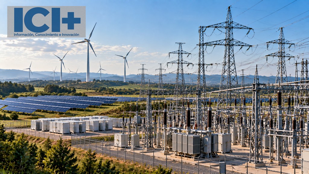 Composición ilustrativa sobre la infraestructura necesaria para integrar energías renovables: red de alta tensión, subestación, generación solar y eólica y almacenamiento mediante baterías.