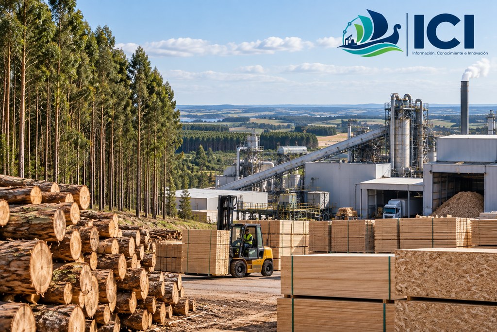 Imagen ilustrativa sobre el desarrollo de nuevas cadenas de transformación de la madera en Uruguay. Composición generada con IA; no representa una planta industrial o proyecto específico. Elaboración de ICI Forestal.