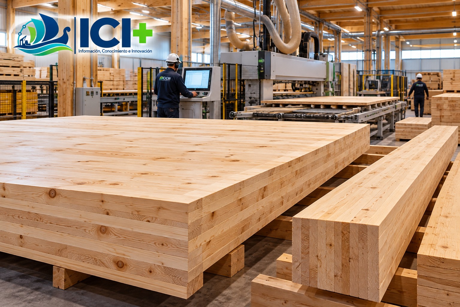 Producción industrial de componentes estructurales de madera. El desarrollo de CLT y GLT permite extender la cadena forestal desde el aserrío hacia productos de ingeniería destinados a sistemas constructivos industrializados. Imagen ilustrativa generada por ICI Forestal.