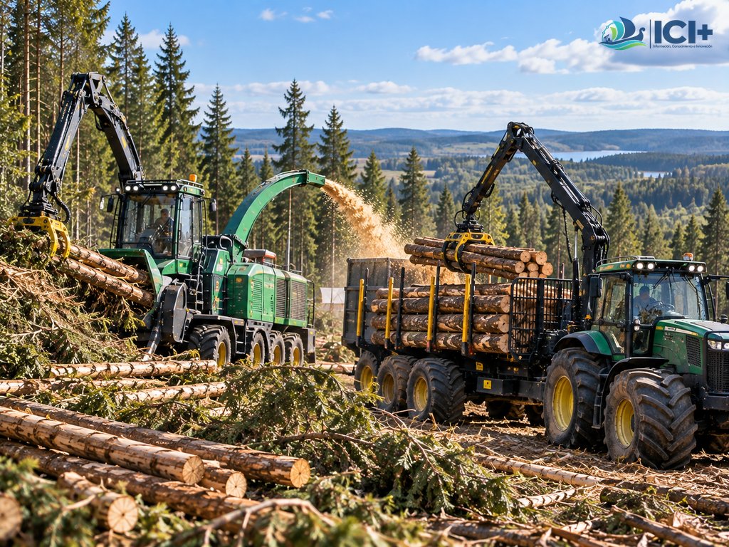 Imagen ilustrativa generada con IA de una operación forestal que combina procesamiento de biomasa mediante chipper y extracción de madera con tractor, remolque forestal y grúa.